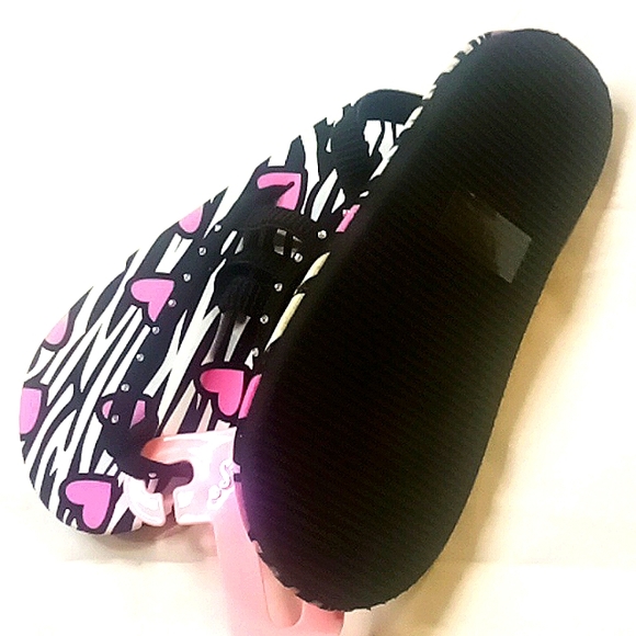 CHATTIES GIRLS BLACK PINK HEART ZEBRA RHINESTONE FLIP FLOPS 11/12 - Picture 4 of 4